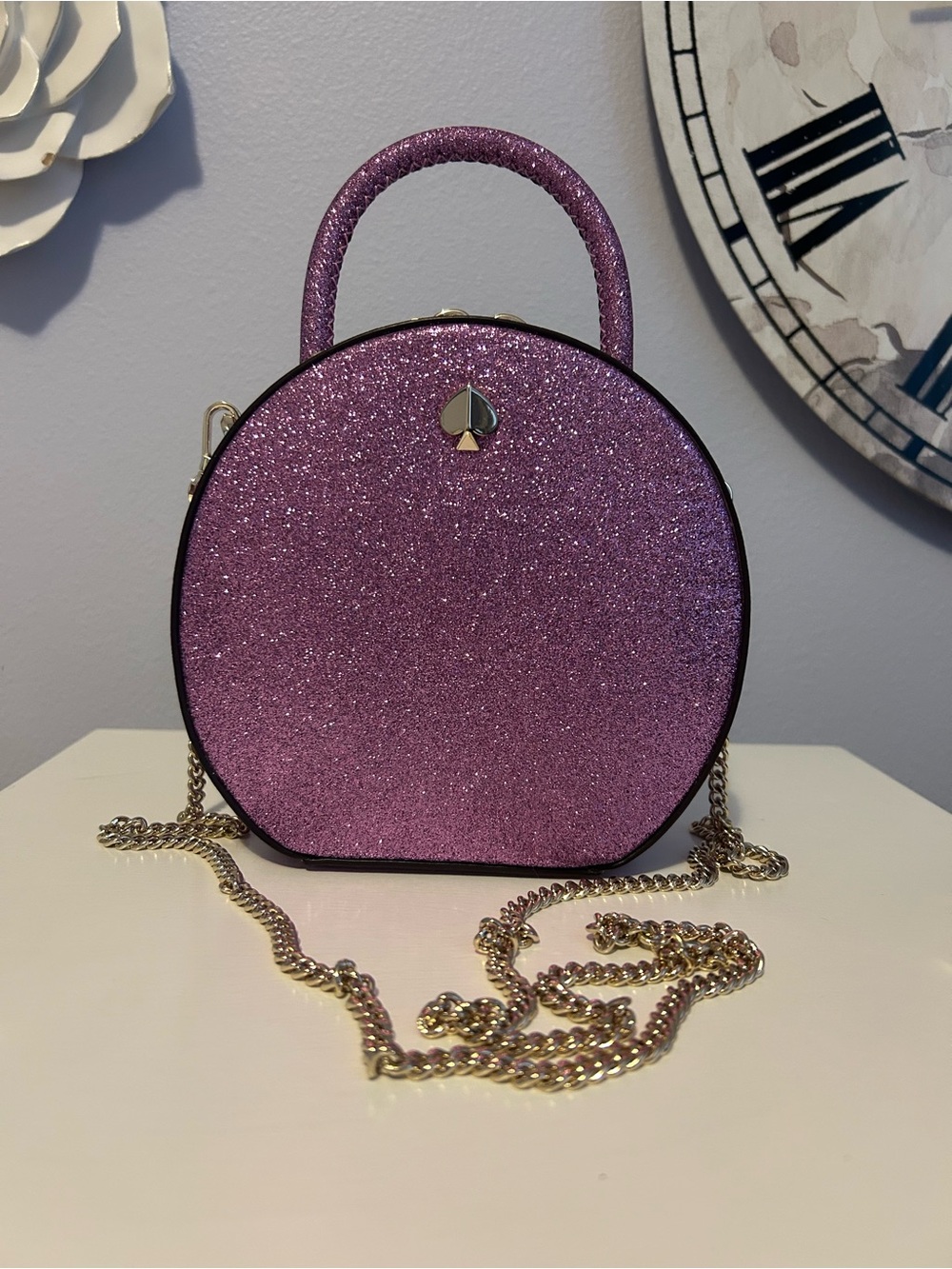 kate spade glitter purple glitter dome mini crossbody purse with gold chain